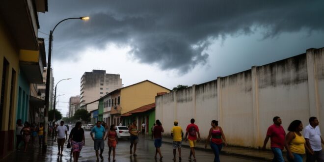Pessoas caminham em rua molhada sob céu nublado, com edifícios coloridos e muro branco ao fundo