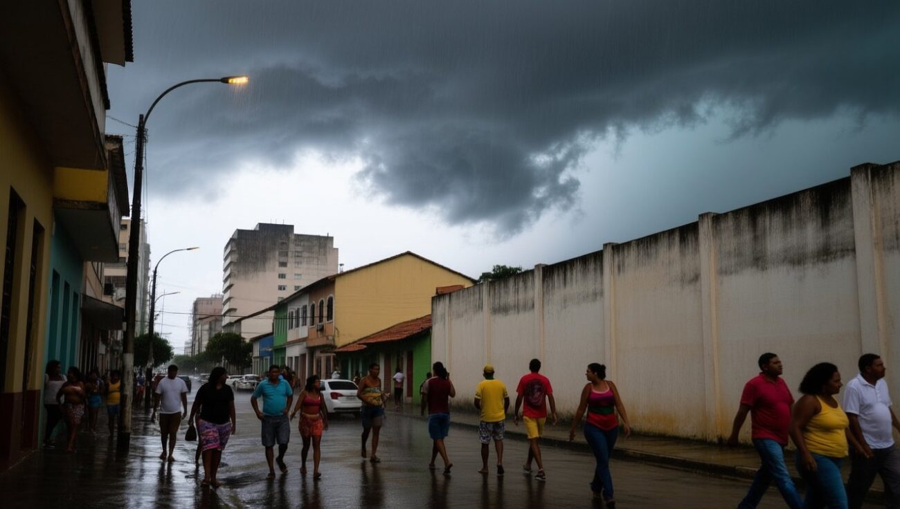 Pessoas caminham em rua molhada sob céu nublado, com edifícios coloridos e muro branco ao fundo