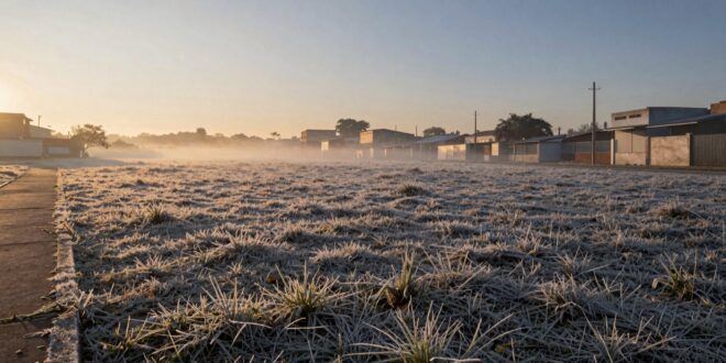 Campo coberto de geada ao amanhecer, com névoa baixa e casas ao fundo, em cidade do interior