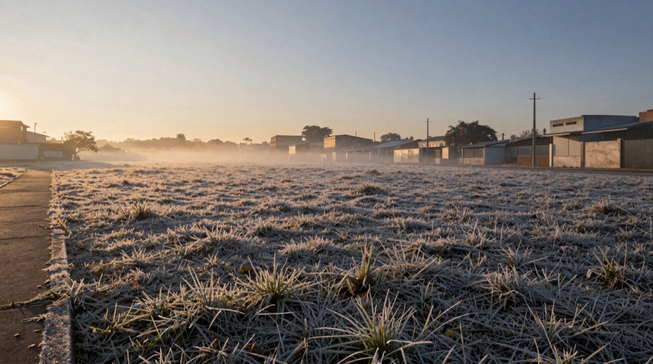 Campo coberto de geada ao amanhecer, com névoa baixa e casas ao fundo, em cidade do interior