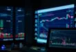 Monitores exibindo gráficos do mercado de ações, ilustração sobre juros em outubro