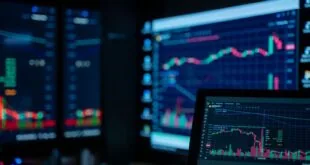 Monitores exibindo gráficos do mercado de ações em sala com iluminação reduzida
