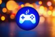Ícone de controle de videogame dentro de um círculo azul, sobre luzes desfocadas