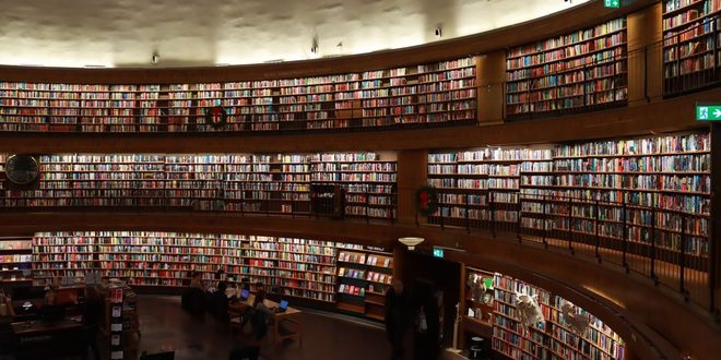 Estante de livros organizada em uma biblioteca, representando o trabalho lembrado no Dia do Bibliotecário