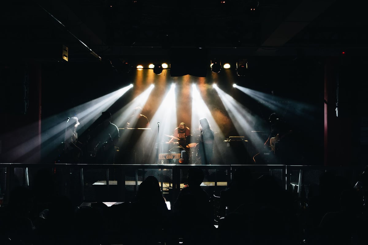 Banda de rock se apresentando em palco iluminado durante show