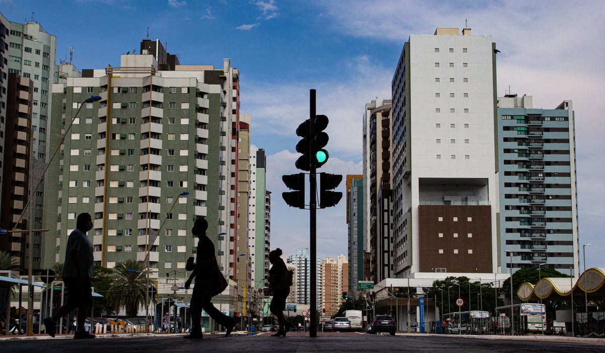 semáforo e faixa de pedestres em avenida movimentada durante o dia