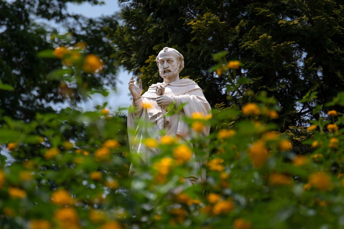 Estátua de frade em jardim cercada por pombos e um cachorro sentado ao lado