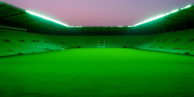 Estádio de futebol vazio com gramado iluminado pelos refletores ao anoitecer