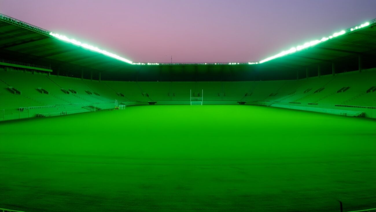 Estádio de futebol vazio com gramado iluminado pelos refletores ao anoitecer