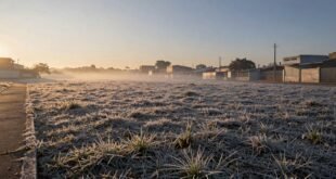 Campo com geada ao amanhecer, frente fria e névoa baixa sobre casas