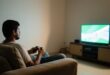 Pessoa sentada no sofá segura um controle de videogame diante da televisão, em sala de estar