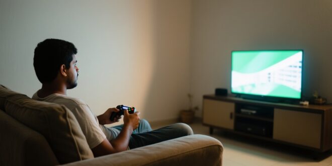 Pessoa sentada no sofá segura um controle de videogame diante da televisão, em sala de estar