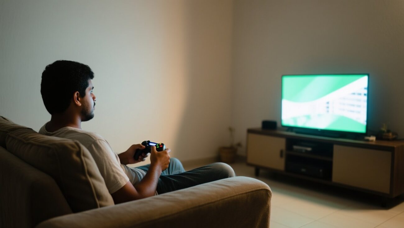 Pessoa sentada no sofá segura um controle de videogame diante da televisão, em sala de estar